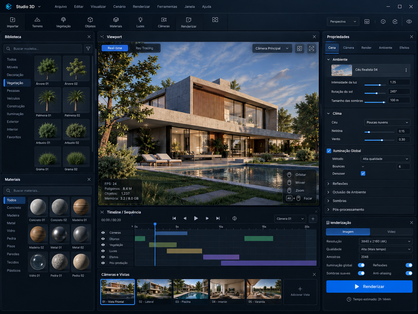 Interface de renderizador tradicional com biblioteca, materiais, iluminação, timeline e controles de renderização