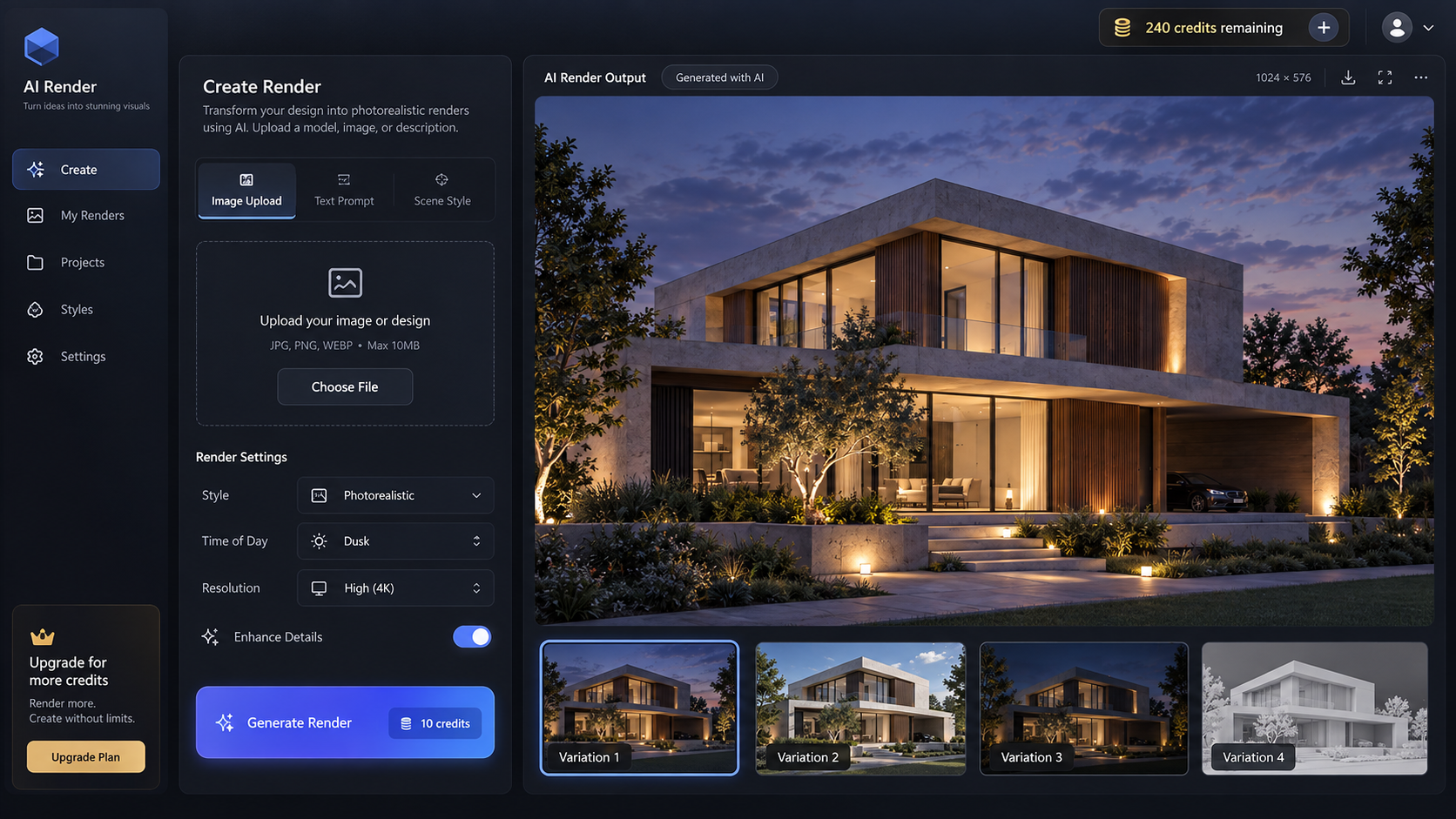 Interface genérica de plataforma de render por IA com botão de geração, saldo e cobrança em créditos